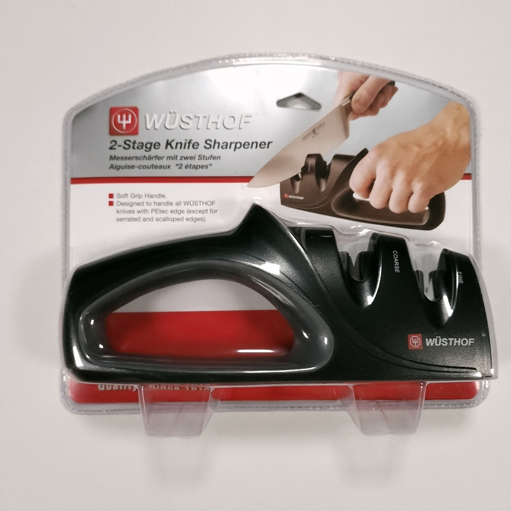 Wusthof 2-Stage Knife Sharpener Coarse Fine Serrated Sharpening Soft Grip Handle